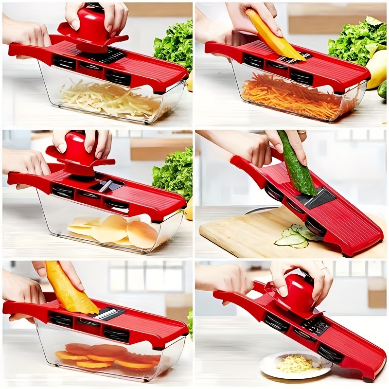 10 in 1 multifunctional vegetable slicer with   materials featuring a manual vegetable grater a vegetable slicer 6 interchangeable blades   and a peeler   kitchen food preparation Product details 5