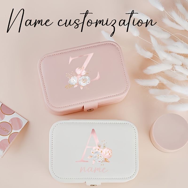 

Customizable Name Leather Jewelry Organizer Box, Multi-functional Portable Storage Case, With Floral Letter Design, For Bracelets And Earrings, Hand Washable