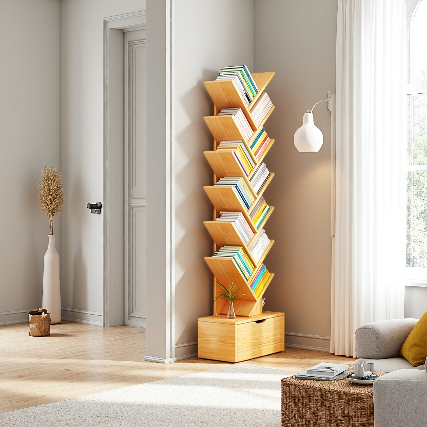 Image of 12th And 14th Floors "-shaped Bookshelf Creative Display Rack Living Room Floor-to-ceiling Decoration Rack Solid Wood Material Storage Cabinet For Book Collection, Cd, Movie, Home, Office