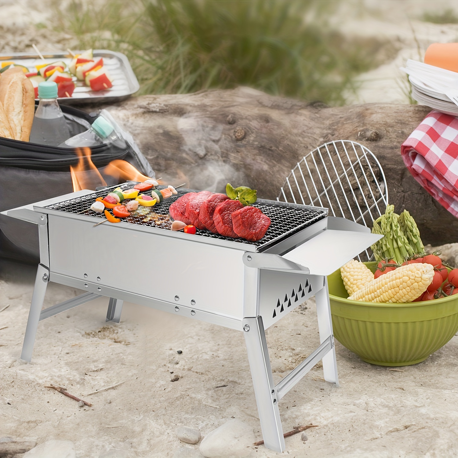 

Barbecue pliable en acier inoxydable portable au charbon de bois - Grille de barbecue en acier pour l'extérieur, les pique-niques de jardin et le camping