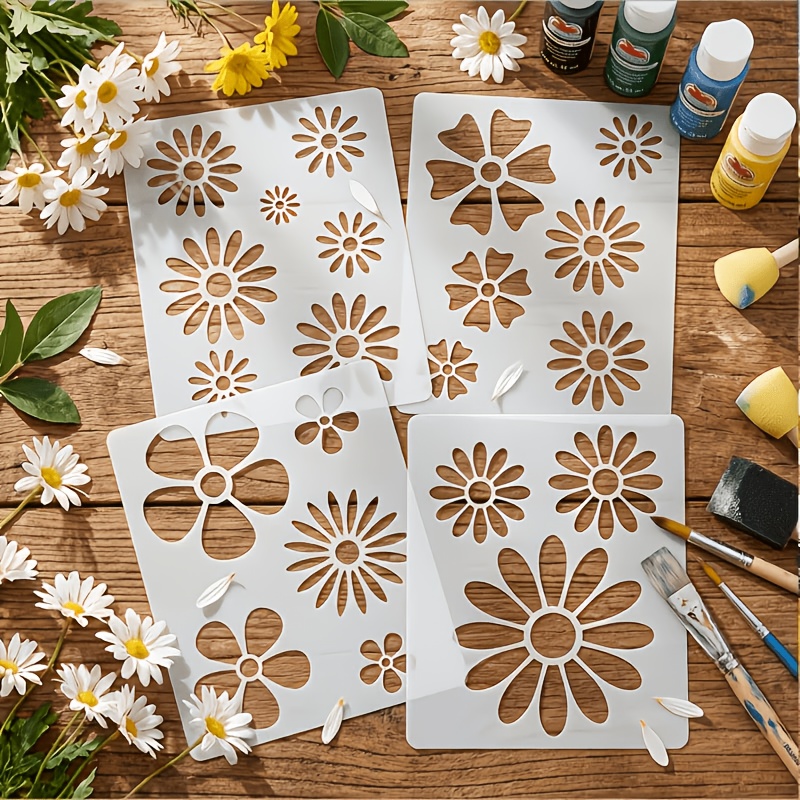 TEMU 4pcs Plastic Daisy Flower Hollow Templates With Precise Hollow - Suitable For Handmade Greeting Cards, Scrapbooking, Wall Painting & Diy Crafts,