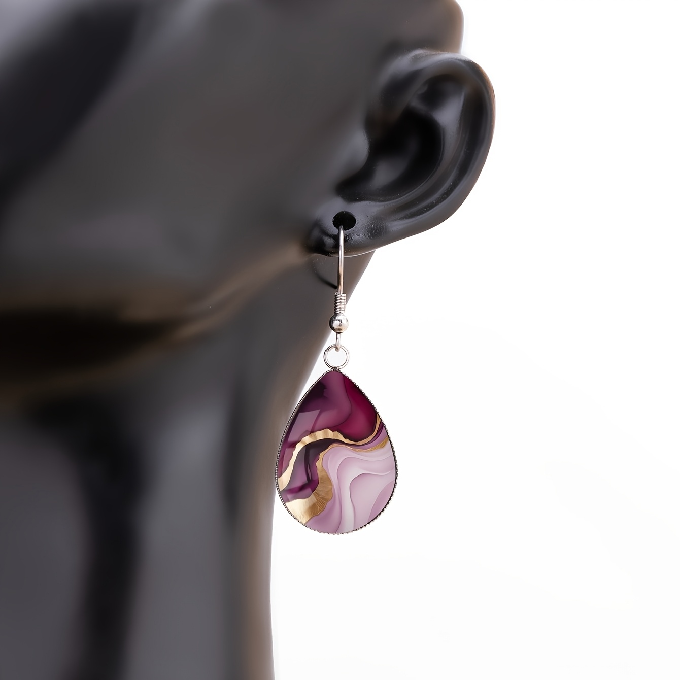 TEMU 1 Pair Of Abstract Color-block Pink And Pattern Earrings With Convex Glass, Steel Geometric Flowing Sand Teardrop Ear Hooks. Vintage Minimalist
