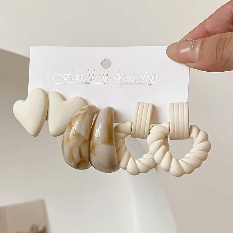 3 Pairs Fashionable Casual Heart & Cable Knit Style Stud & Dangle Earrings