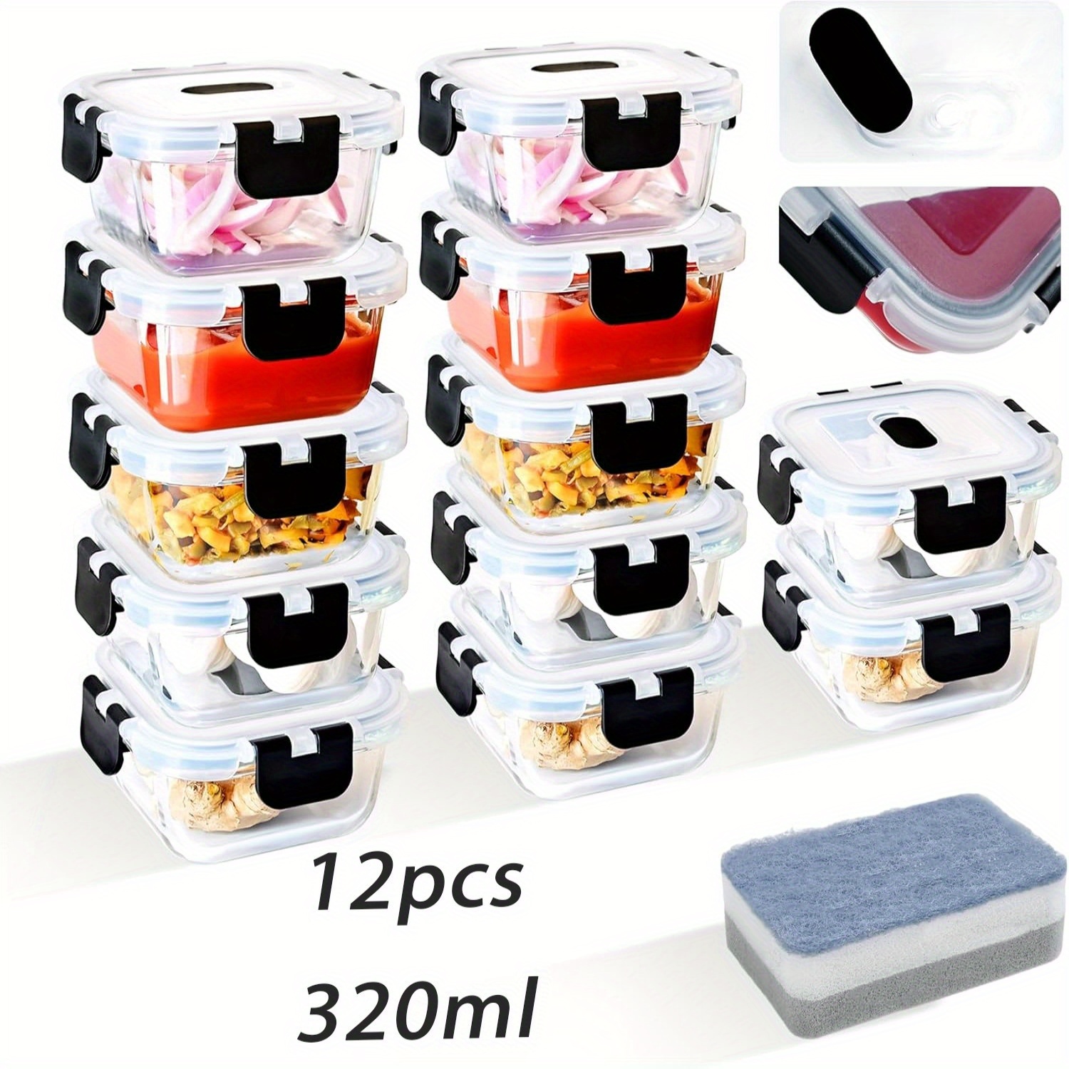 Image of 12pcs 320ml Kitchen Storage Containers, Food Storage Jars, Glass Storage Jar Set With Lids, Suitable For Dishwasher, Microwave And Refrigerator - Leakproof, Ideal Home