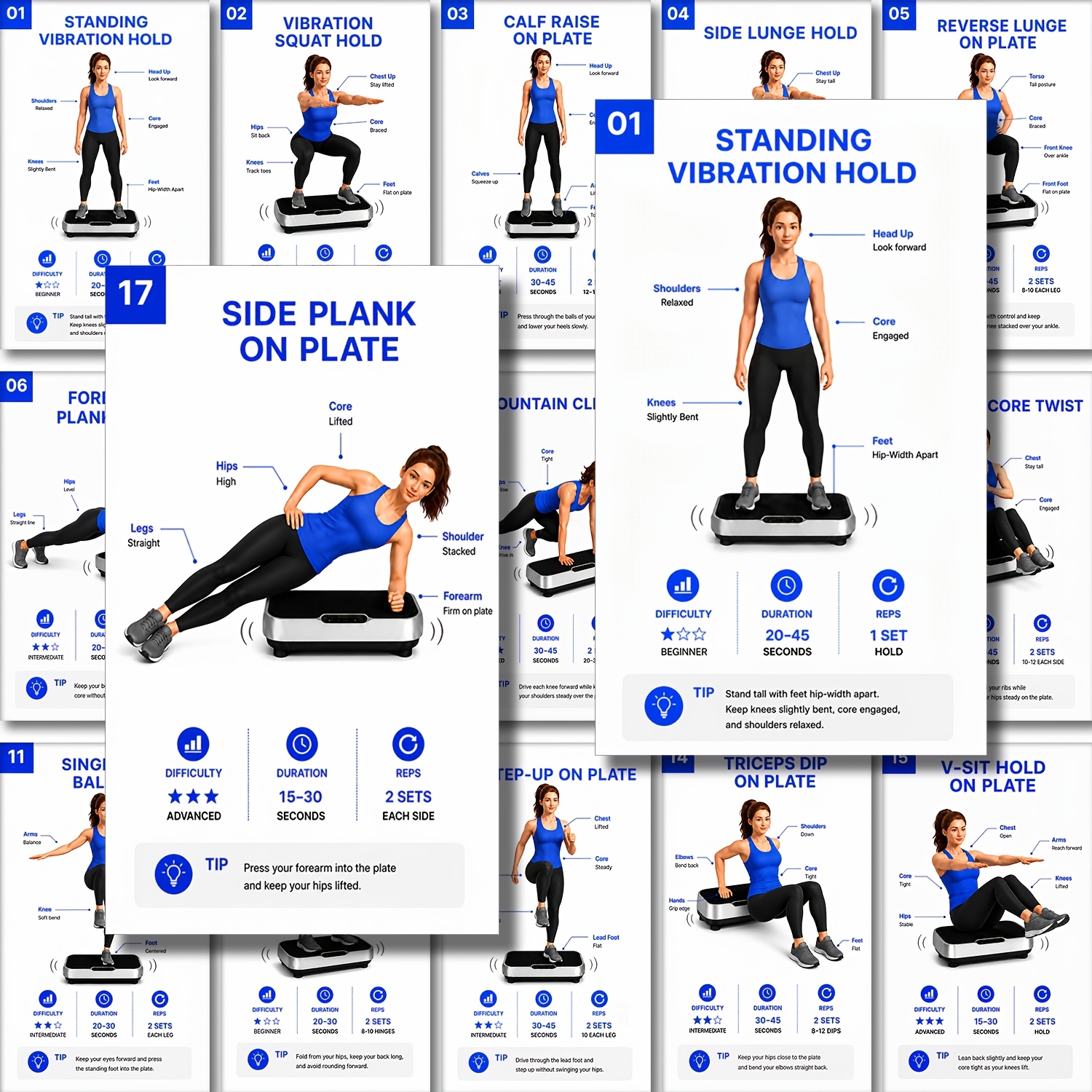 TEMU Ensemble de cartes de guide d'entraînement à domicile avec plaque de vibration, cartes d'exercices de fitness à domicile - Cartes d'entraînement