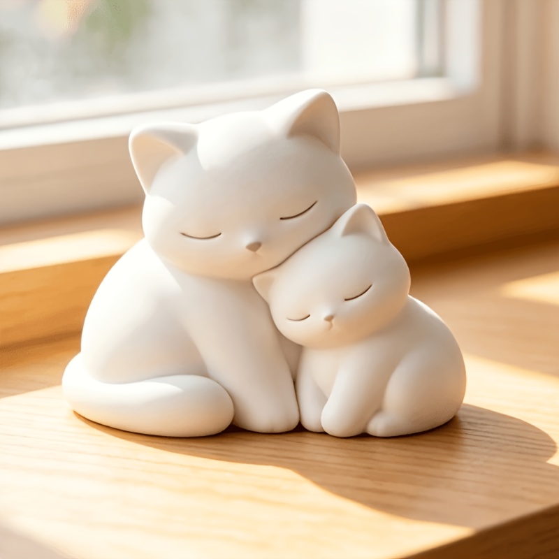 TEMU Hugging Mother And Kitten Figurine, Minimalist Calming Cat Tabletop Sculpture, Warm Family Animal Desktop Decor, Soft Neutral Home Ornament For