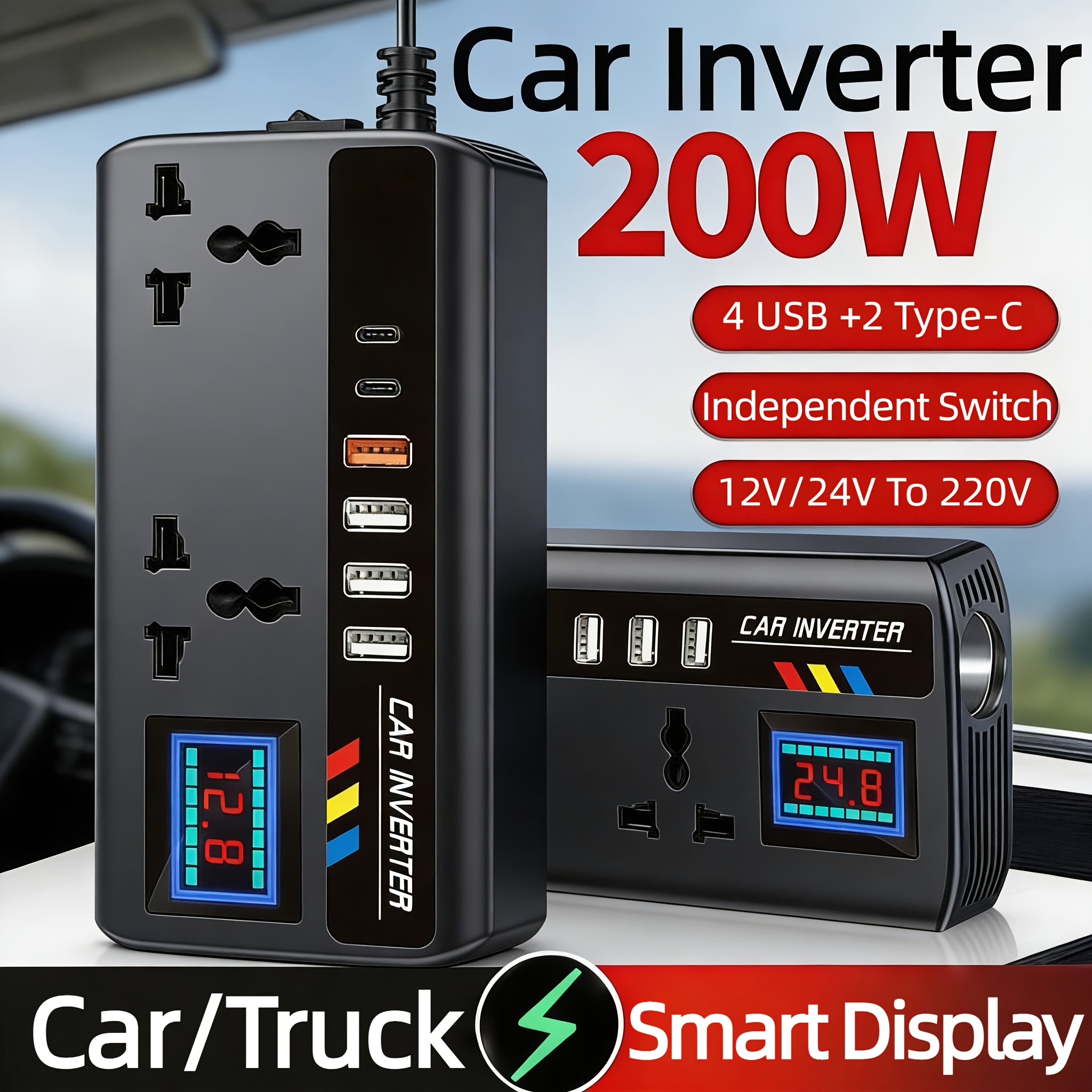 200w car inverter  12v 24v to ac 110v 220v car power converter 4 usb 2type c 2 universal output sockets with   screen essential for cars rvs and trucks