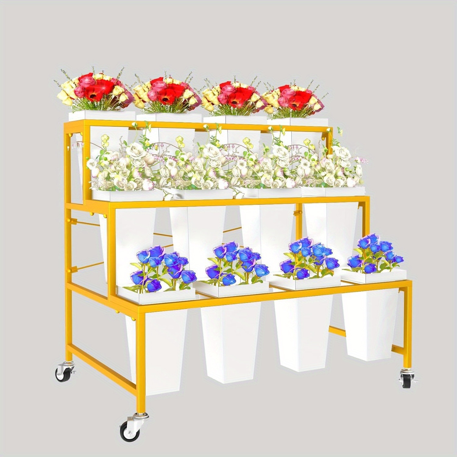 TEMU Lhysn Soporte para Flores, de Tres Niveles, Soporte de Metal para Plantas con 12 Macetas de Plástico, Móvil, Carrito de Flores , Estante para