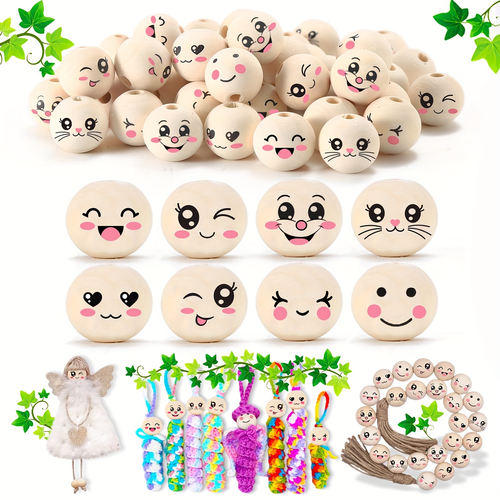 

80pcs 8 Styles Wooden Smiling Faces Balls 20mm Beads With Holes For Diy Crochet Crafts Keychains Other Special Beaded Decors Accessories