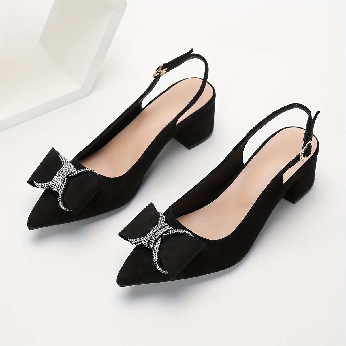 

Elegant Women' Slingback Pumps With Rhinestone Bow - Cover, Mid-height Chunky Heel, Pointed Toe, Dress Shoes