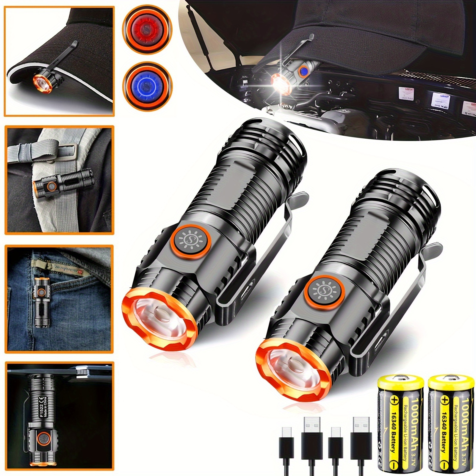 TEMU 2pcs Xhp50 Powerful Usb Rechargeable Led Flashlight, 3 Portable Mini Pocket Torch With 16340 Battery & Tail Magnet For Outdoor Camping Hiking Fishing