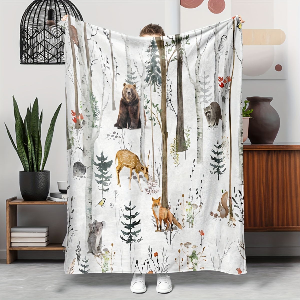 

1pc Rustic Fleece Throw Blanket, & Moose Print, Soft Warm Cozy Sofa Bed Office Blanket, All-season , Machine Washable, Multi-purpose, Digital Print, Polyester Cover, 200-250g Square