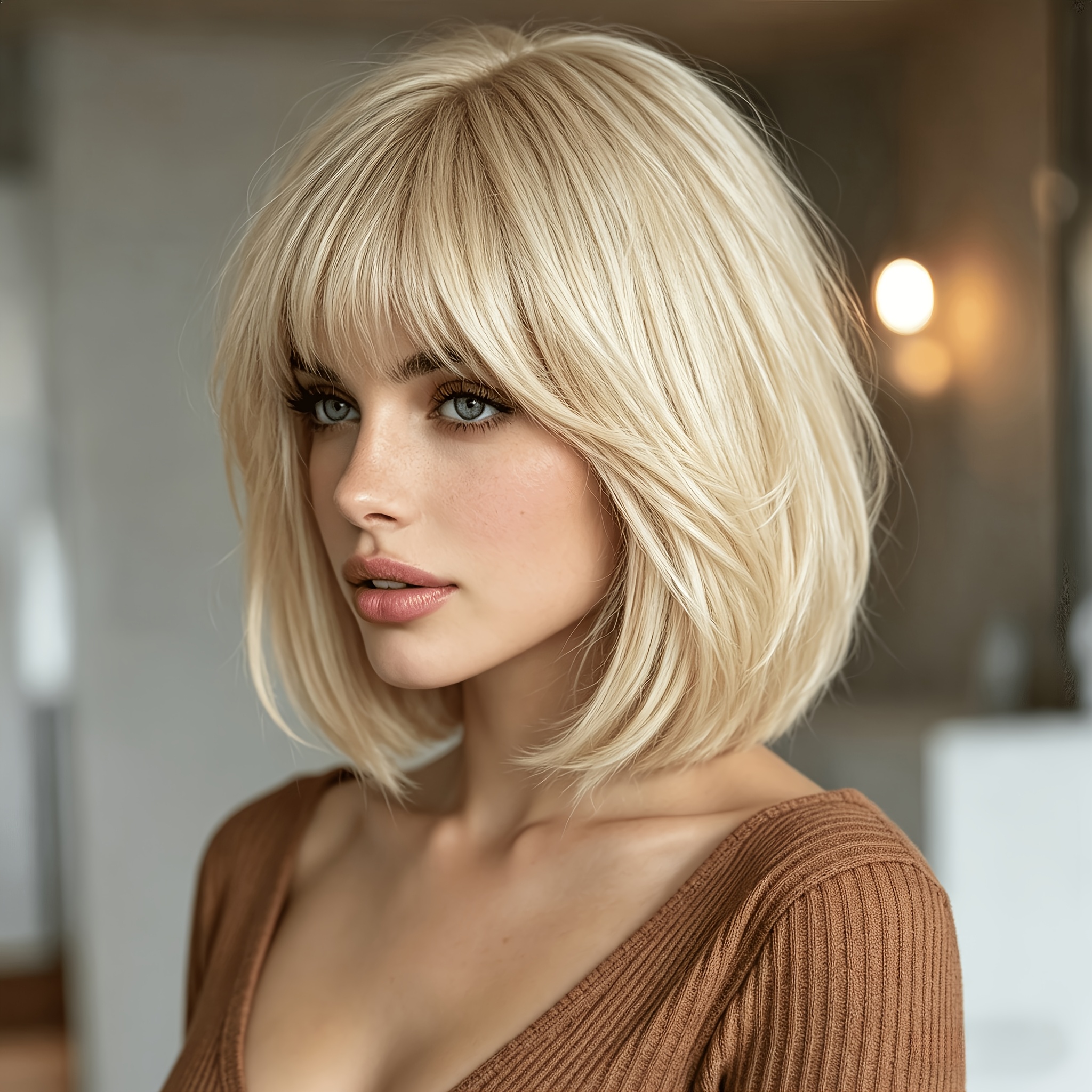 TEMU Golden Short Bob Headband With Bangs, Suitable For Daily Wear And Cosplay, Straight Hair Styling, Fully Machine-made, Suitable For Women's Wigs
