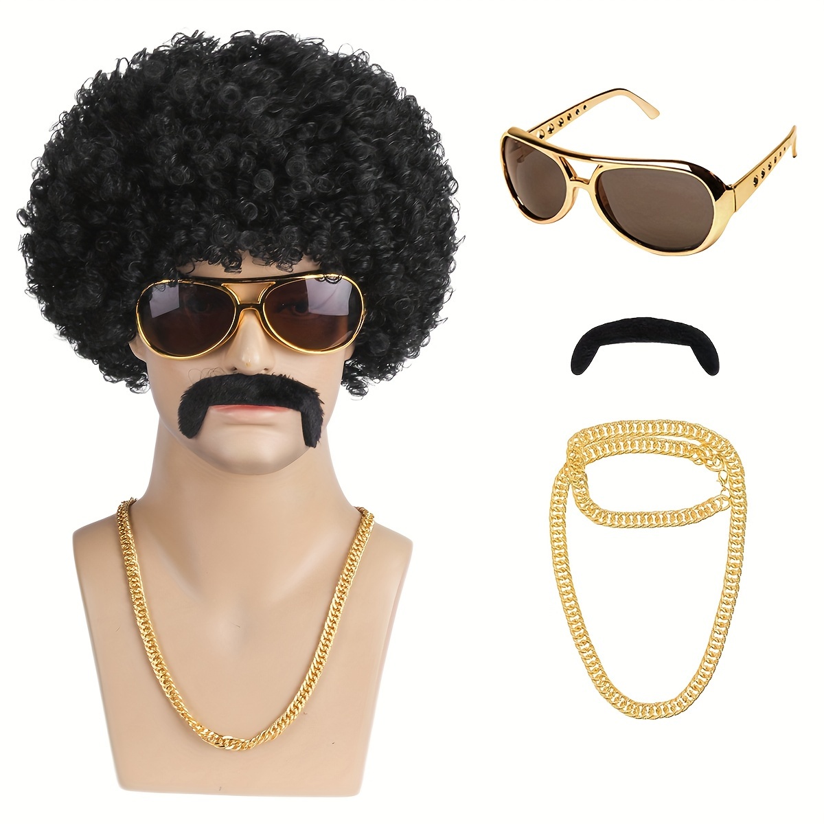 4Pcs 70s 80s Disco Afro Wigs Set With Mustache Sunglasses Golden Chain Funny Black Short Hair Synthetic Curly Toupee For Adult Men s Boys Disco Singer Rocker Hippies Costumes Cosplay New Year Party