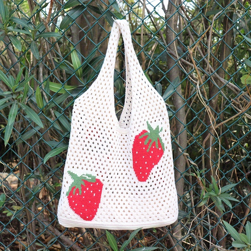 

Strawberry Pattern Knitted Shoulder Bag, Large Capacity Hollow Out Hobo Bag, Woven Crochet Storage Bag