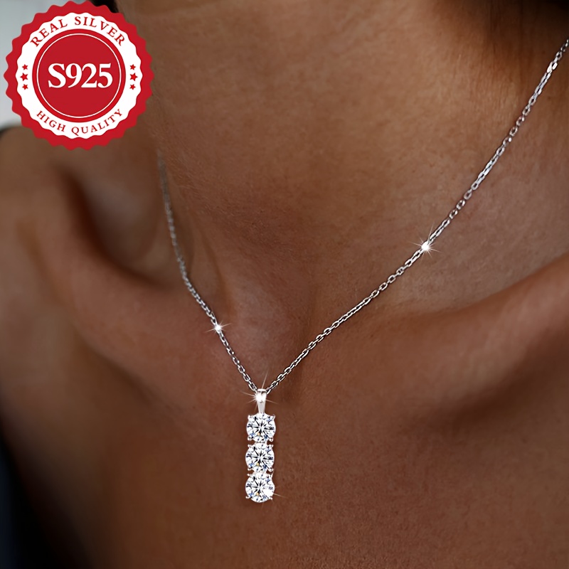 

S925 Sterling Silver Necklace With Vertical Trio Cubic Zirconia Pendant, Hypoallergenic, Sparkling Blingbling Style, Sexy Accessory Gifts For Women