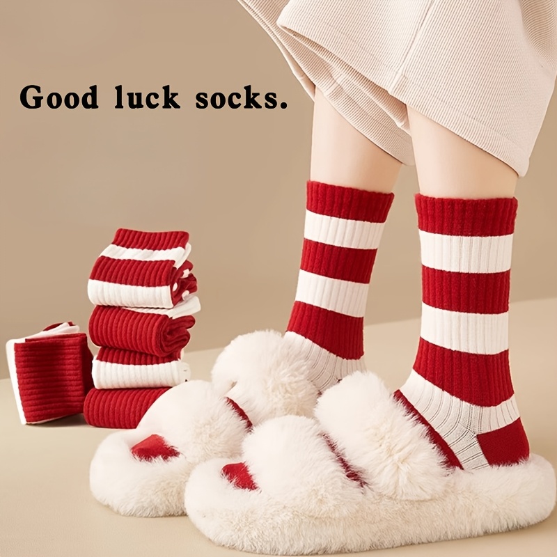 

4pcs Women's Red Striped Mid-calf Socks - Soft, Comfortable & Stretchy With Non-slip Crew Neckline, All