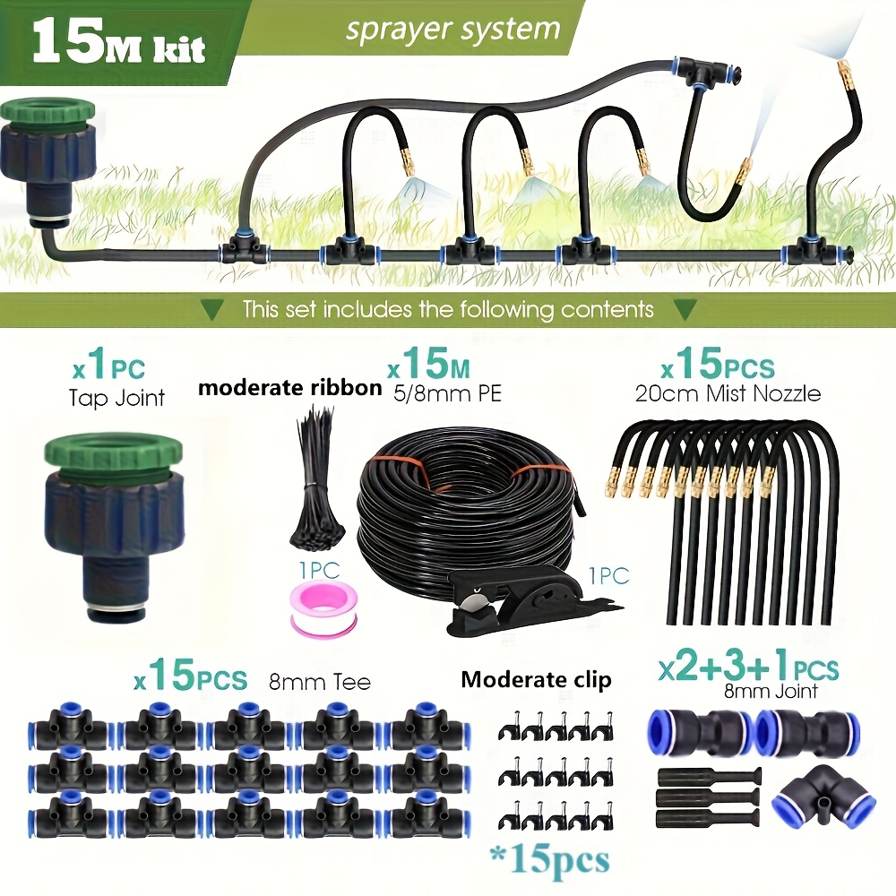 E-shop 15M Flexibles Sprühset mit 8mm Schlauch Gartennebelbewässerung, Universelle Anschlussgewinde Europa und Amerika