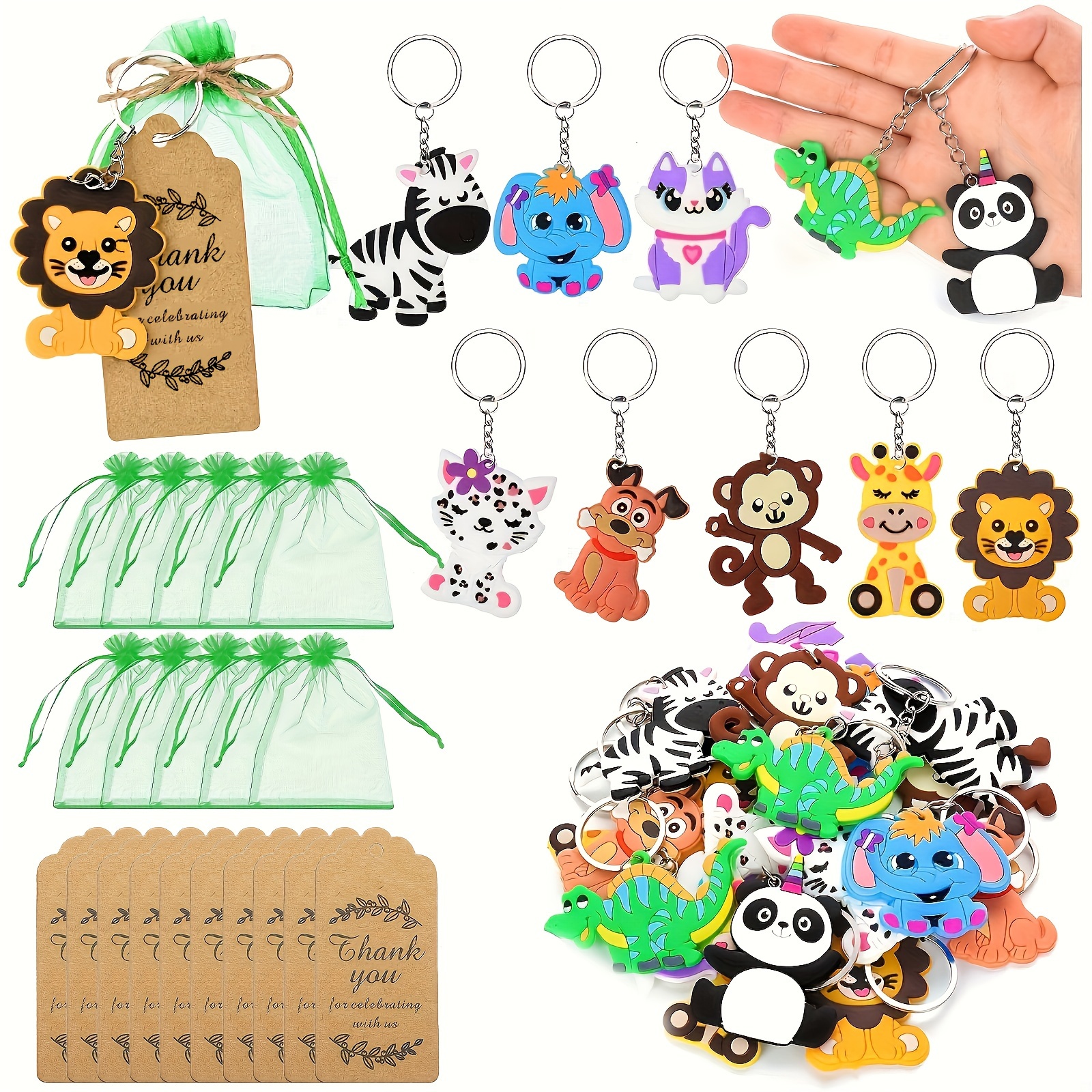 

30pcs Jungle Animal Keychain Gift Bag Set (10pcs Keychain + 10pcs Organza Bag + 10pcs Card) For Jungle Theme Party