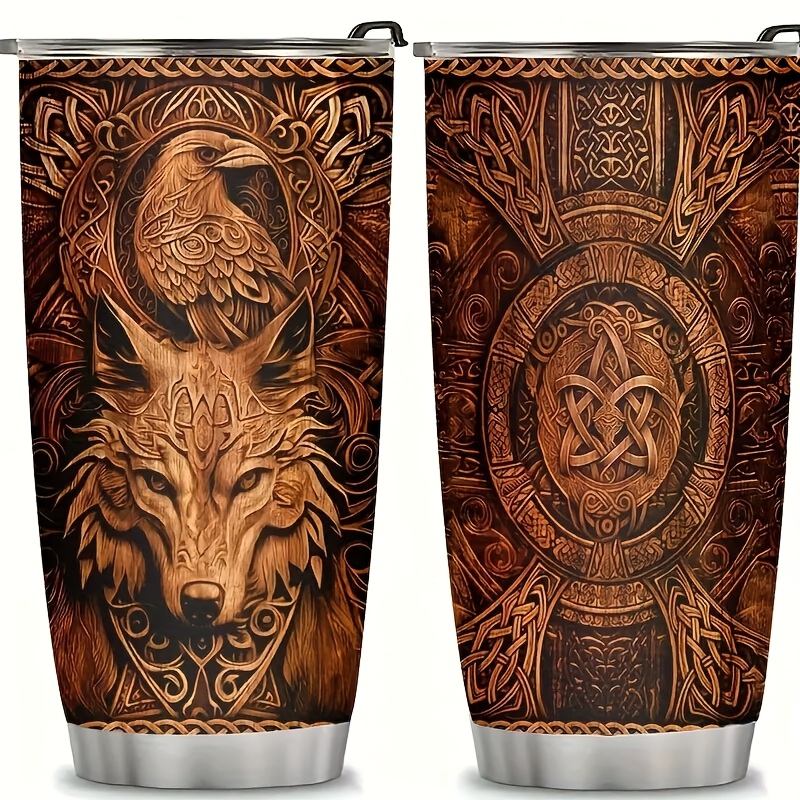 20oz Stainless Steel Insulated Tumbler with Viking Wolf & Raven Design