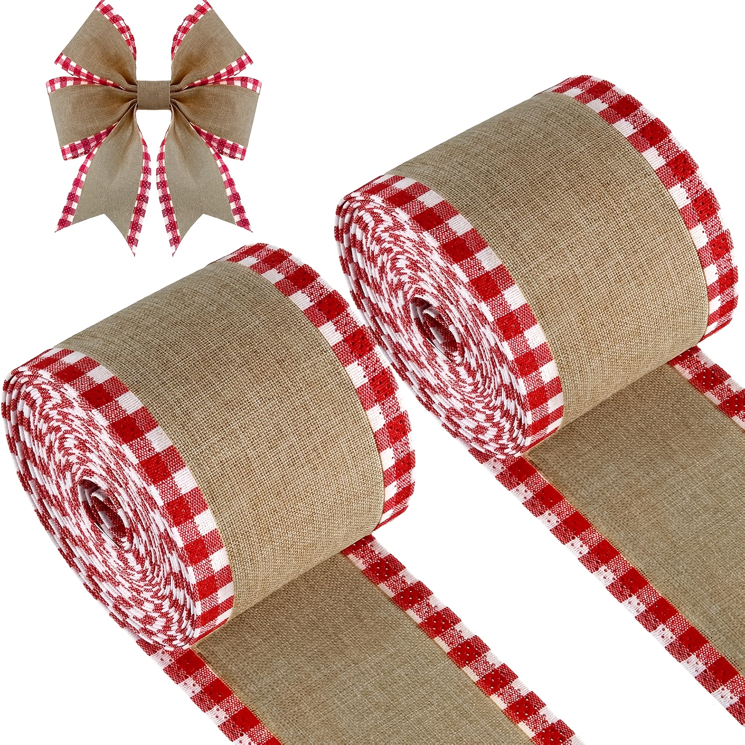 TEMU 2 Rolls Christmas Wired Edge Ribbon Christmas Tree Burlap Fabric Craft Wrapping Ribbon With Edge 2.5 Inch Wide, Red And White) Halloween