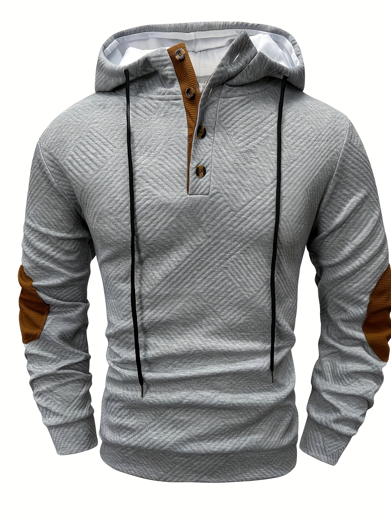 Men'S Stylish Casual Hooded Cardigan with Front Zipper and Button Placket - Geometric Pattern, Brown and Orange Accents, Light Gray, Perfect for Spring/Fall