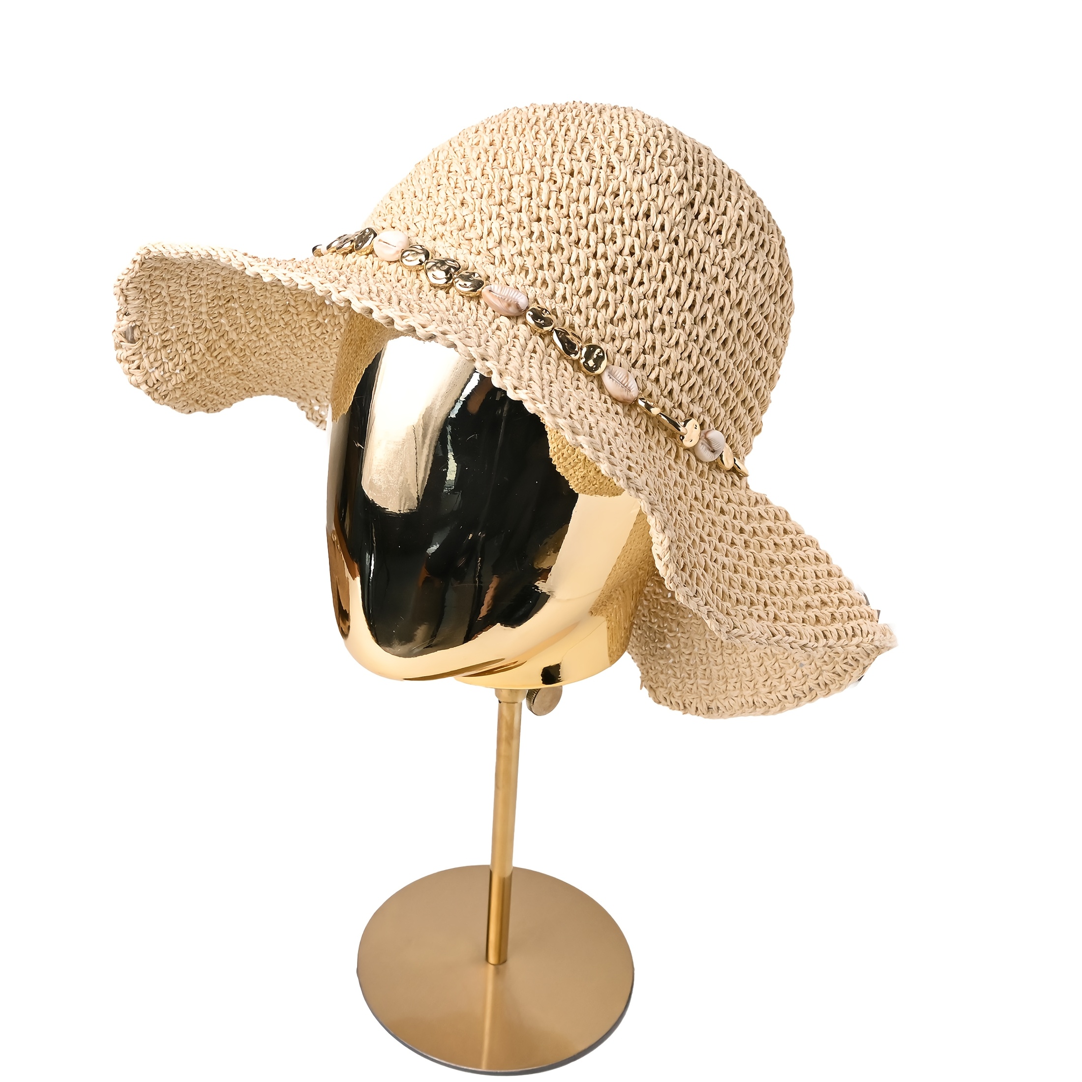 TEMU Unisex Straw Beach Hat With Seashell Beaded Band, Wide Brim Foldable Summer Sun Hat For Travel Vacation Casual Floppy Wide Brim Straw Hat With