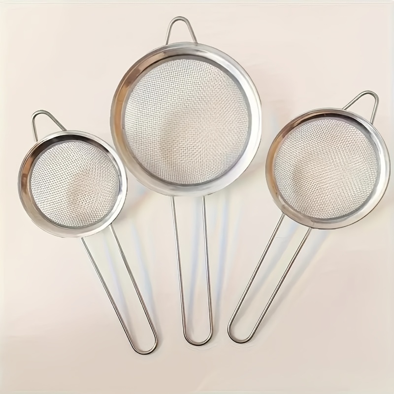 TEMU 3pcs Stainless Steel Fine Mesh Strainer Set, Including Small, Medium, And Large Sizes, With Sturdy Handles And Hooks - Suitable For Juicing, Soy