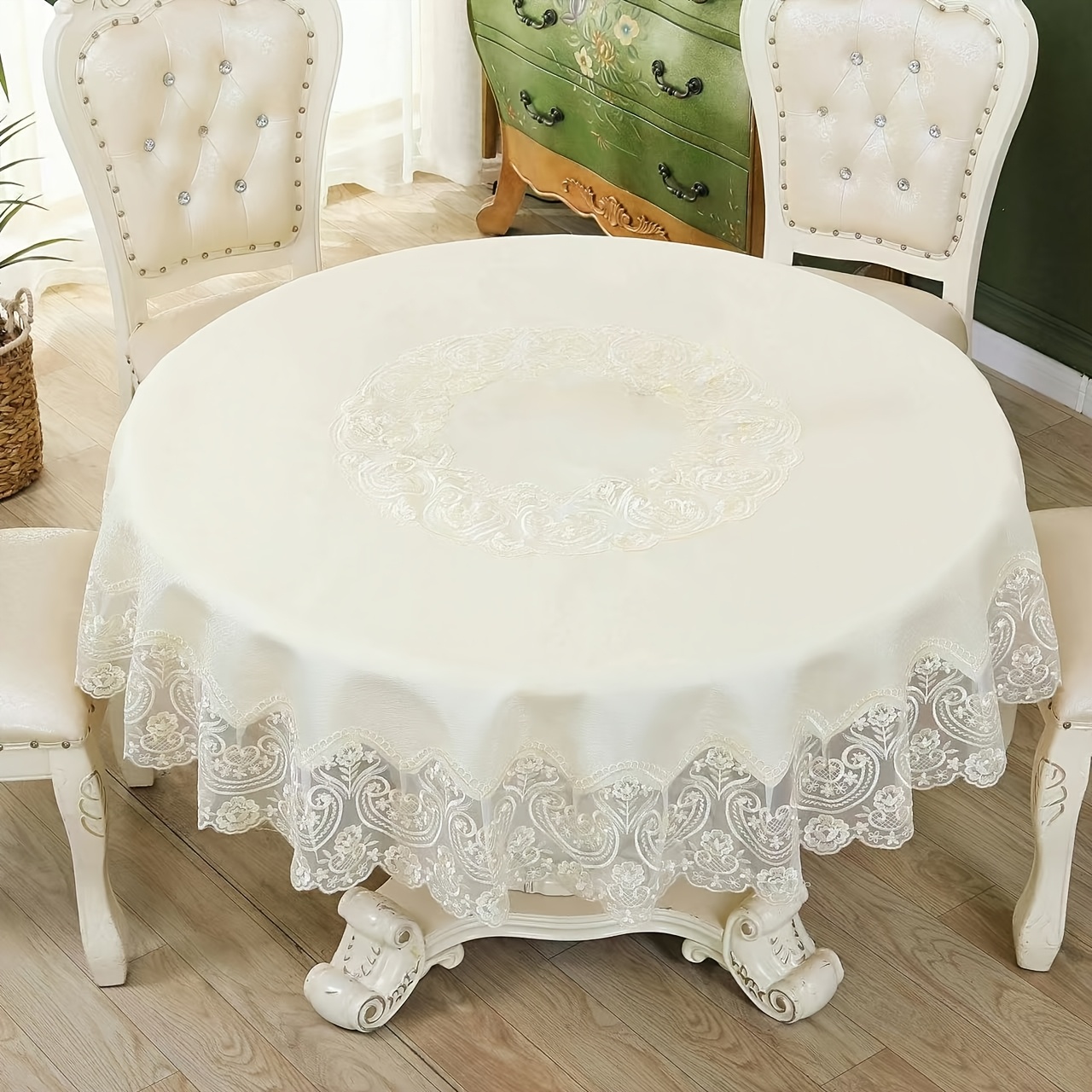 1pc elegant round tablecloth with lace trim bohemian style ideal for weddings outdoor dinners and holiday parties white floral   for home decor and special occasions holiday table setting lace tablecloth decorative lace detail 0