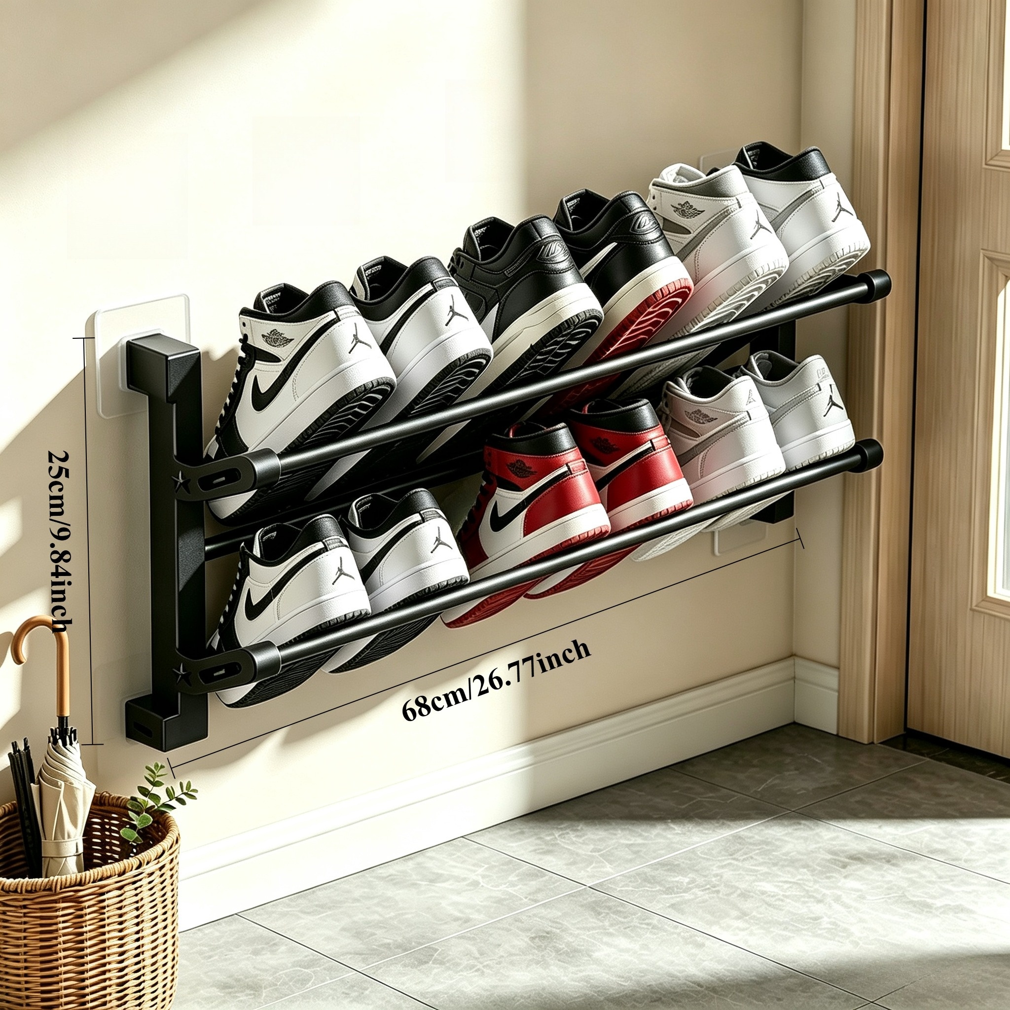 TEMU No Drill Wall Mounted 2-tier Shoe Rack, Heavy Duty Sticky Hanging Shoe Organizer, Space Sneaker Holder, Waterproof Metal Shoe Storage Shelf For