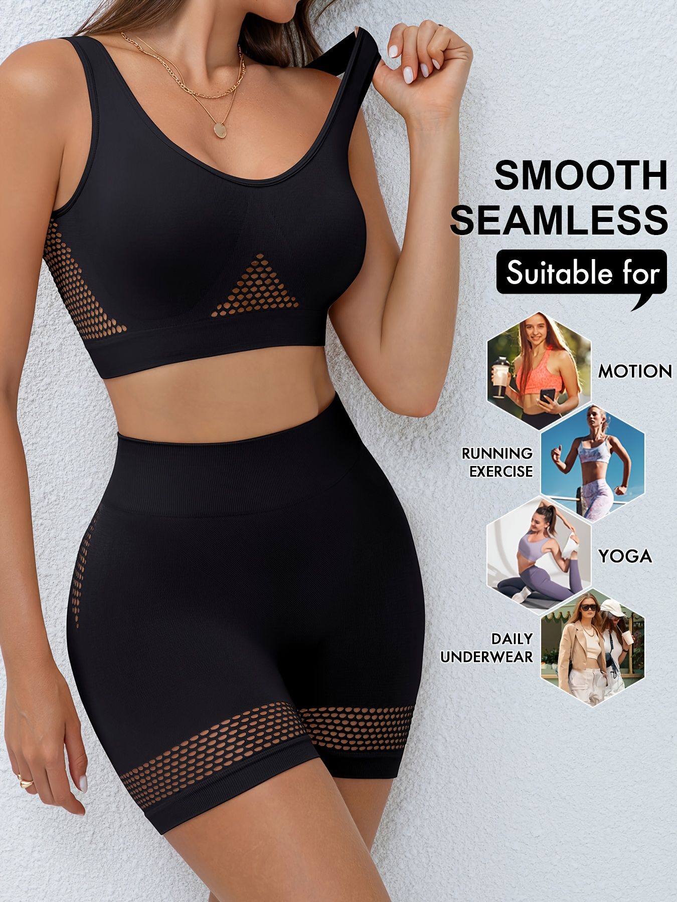 womens breathable mesh sports bra and panties set single layer wireless bra sports vesties underwear black seamless yoga base layer details 0