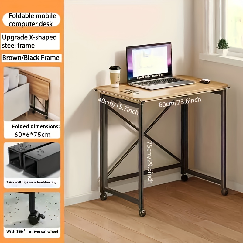 60*40cm Folding Small Desk (with 4 Wheels) - Easy To Assemble Brown/white, Suitable For Bedroom/home Office/study/bedside, Movable Computer Desk, Workbench Bookshelf, Cabinet Style Computer Desk