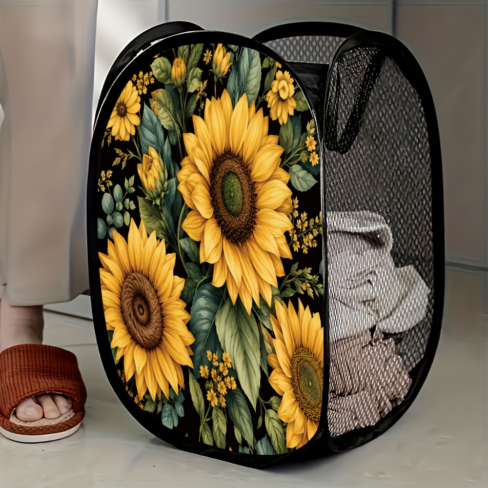 TEMU 1pc Stylish Yellow Sunflower Pattern Mesh Pop-up Laundry Hamper For Easy Organization And Storage
