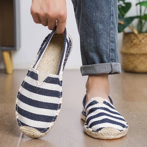 item picture classic vintage natural handmade trendy fisherman shoes for men summer straw sole sweat absorbing and odor resistant casual shoes fashionable simple trendy cloth shoes solid color with stripes and plaid style