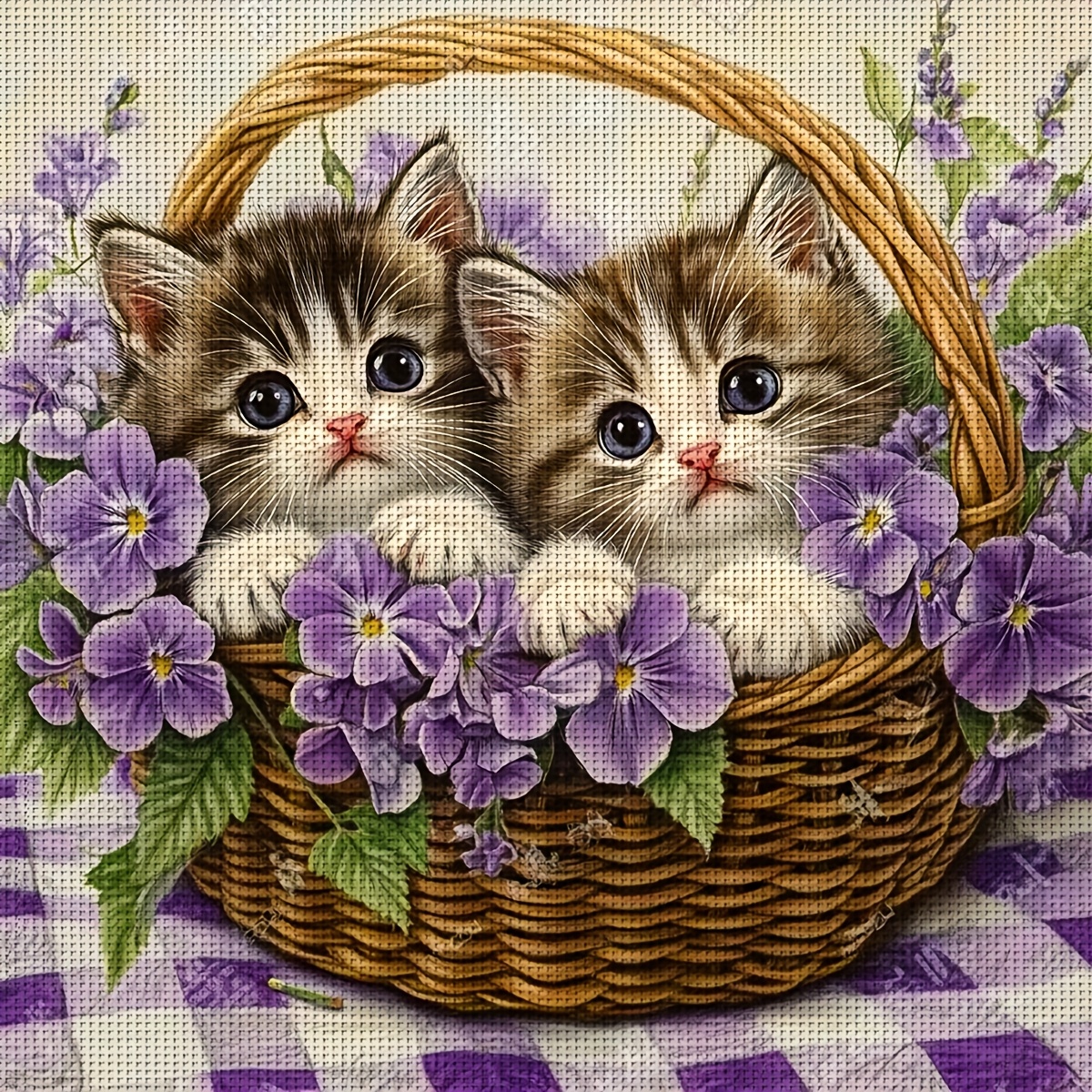 TEMU Zuoanlf 1pc Frameless 40*40cm/15.7*15.7in, Kitten Pattern In Flower Basket, 11ct/14ct Printed Cross Stitch Diy Kit, Relaxing Diy Cross Stitch