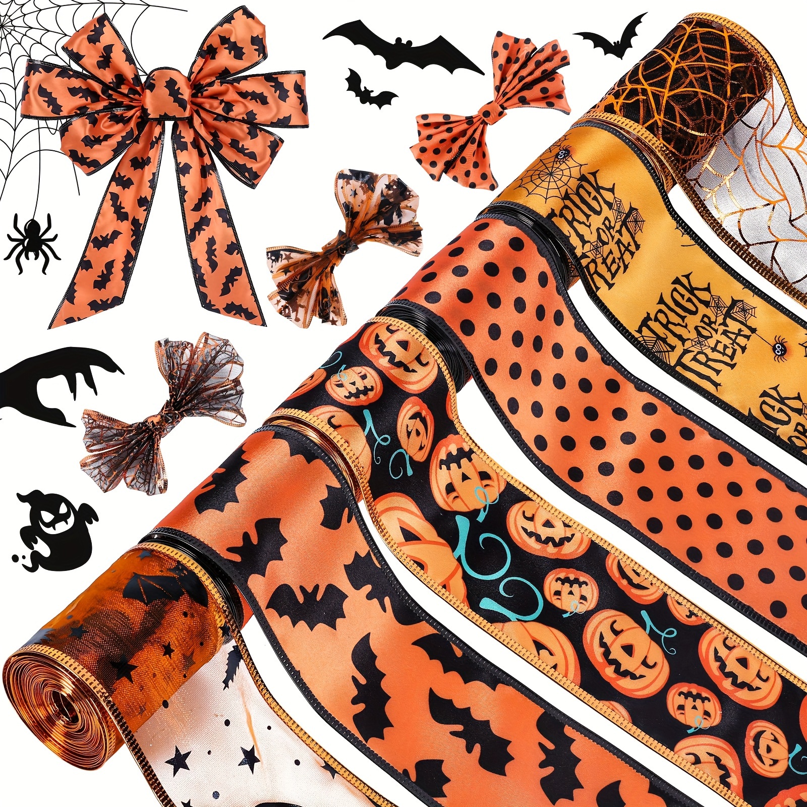 TEMU 6 Rolls 30 Yards Halloween Wired Edge Ribbon Bat Pumpkin Web Printed Ribbon Trick Or Treat Ribbon Spooky Satin Craft Ribbon Wrapping Ribbon For