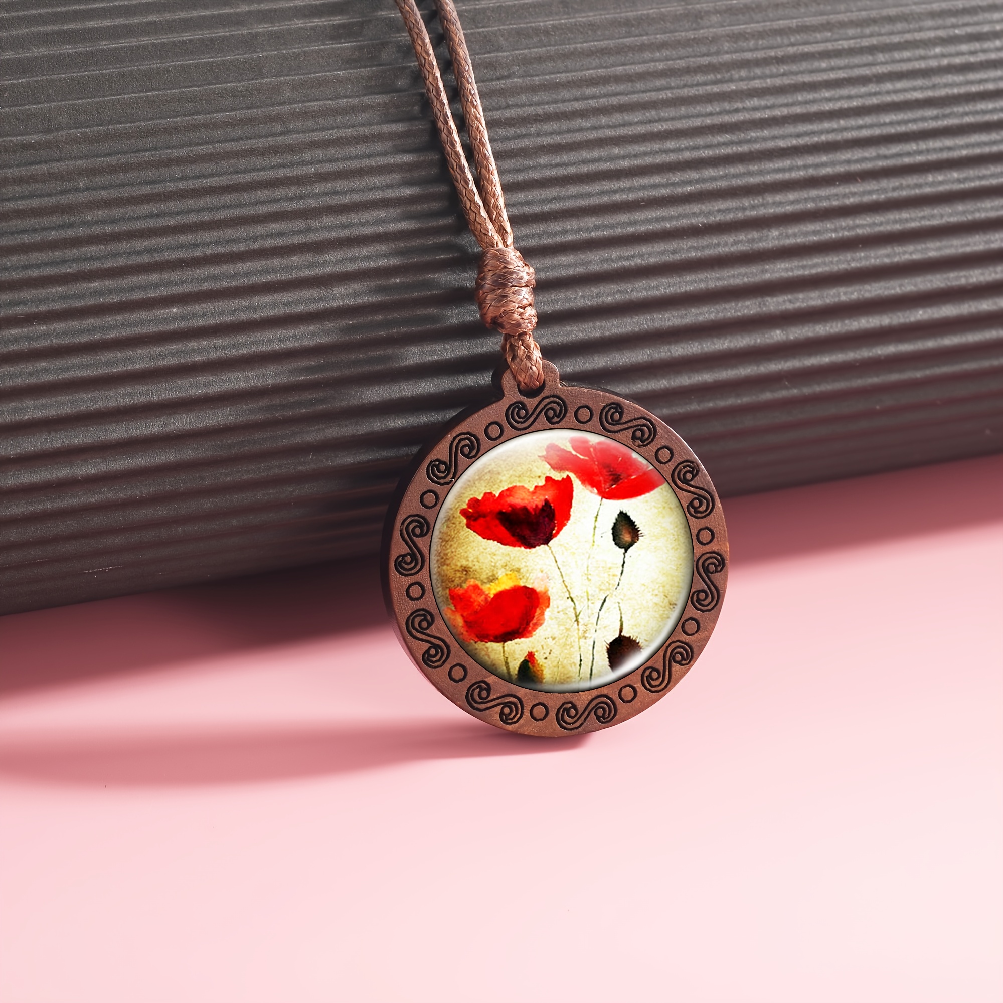 Handcrafted Wooden Round Pattern Necklace Pendant for Unisex