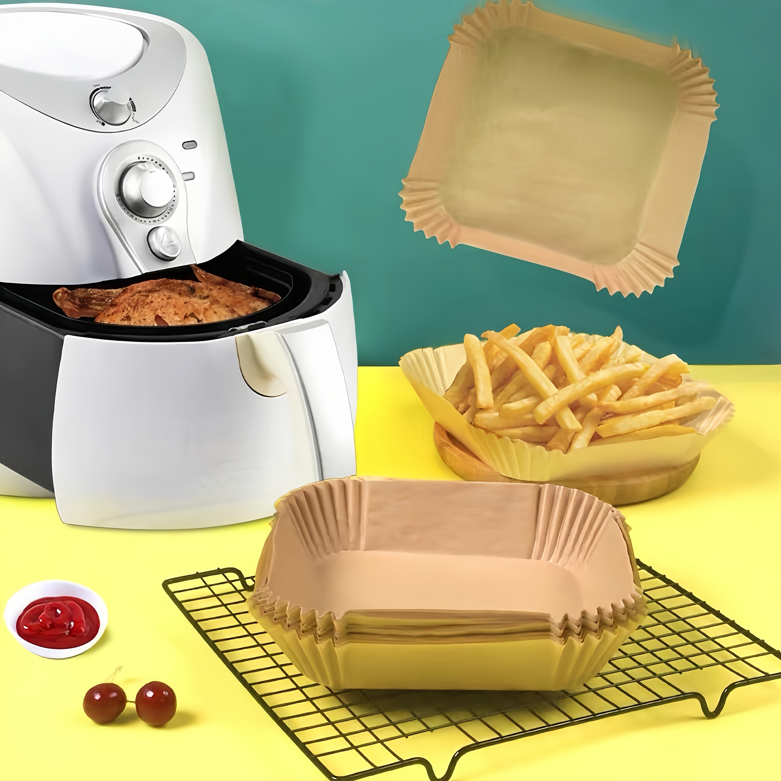 52 102pcs non stick air fryer gasket disposable baking paper pads oil water resistant heat resistant easy   for christmas easter mothers day holiday gifts festive cooking easy clean material Product details 4