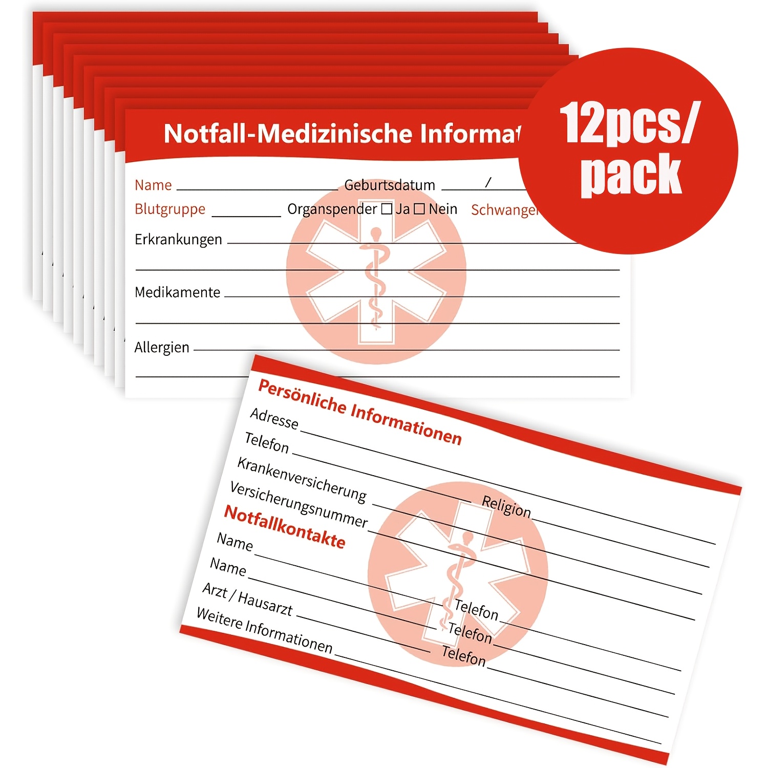 Image of 12-pack Alert Cards Suitable For Wallet, Phone, Bag - Emergency Contact Id Cards With German Language Medical Information Forms, Card Holder For Travel