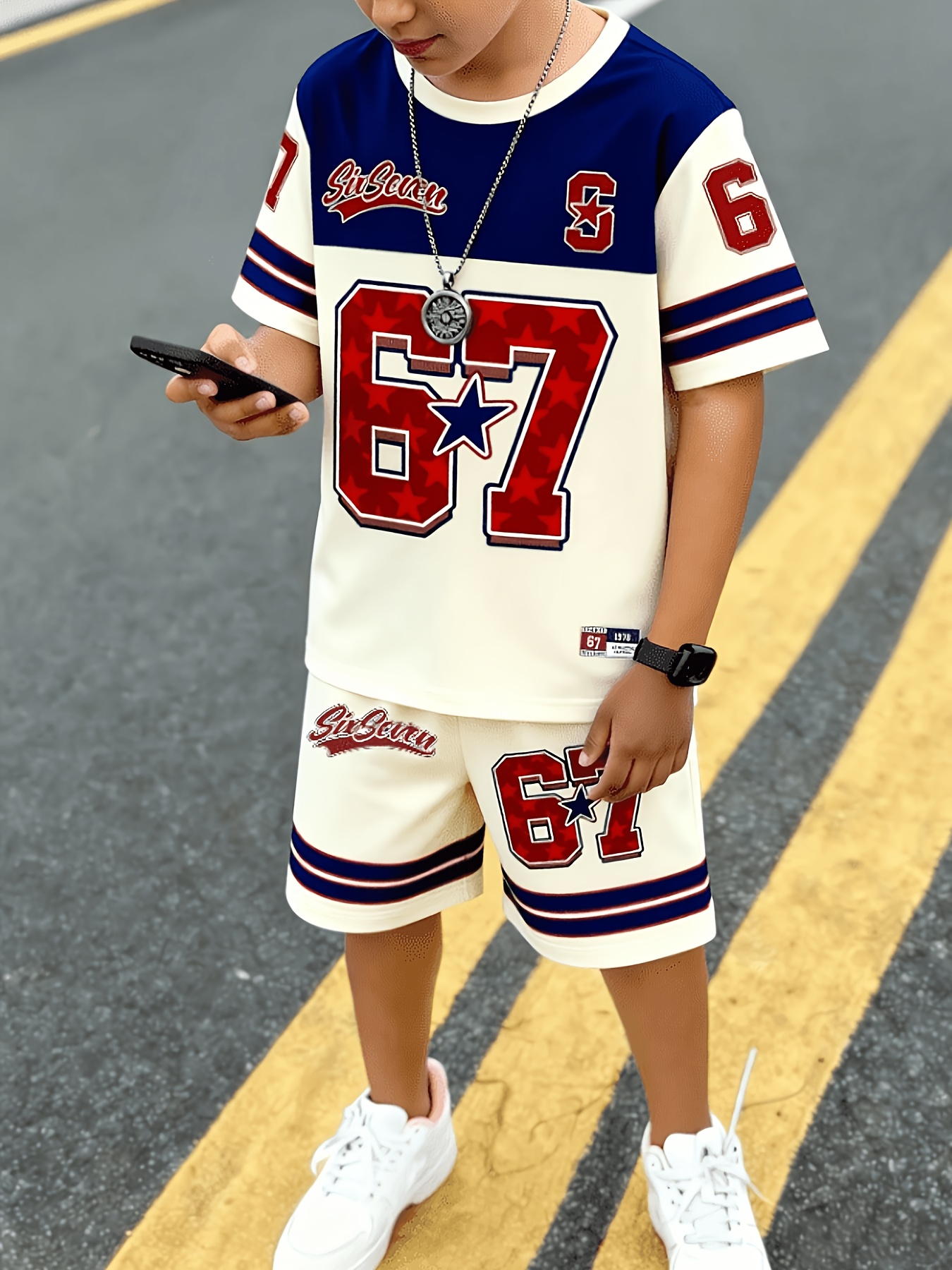 2pcs boys 2pcs short sleeve t shirt shorts matching outfit 67 star stripe patterns with slogan prints breathable machine washable sportswear suit for   outdoor activities spring summer fall casual wear for to   outdoor