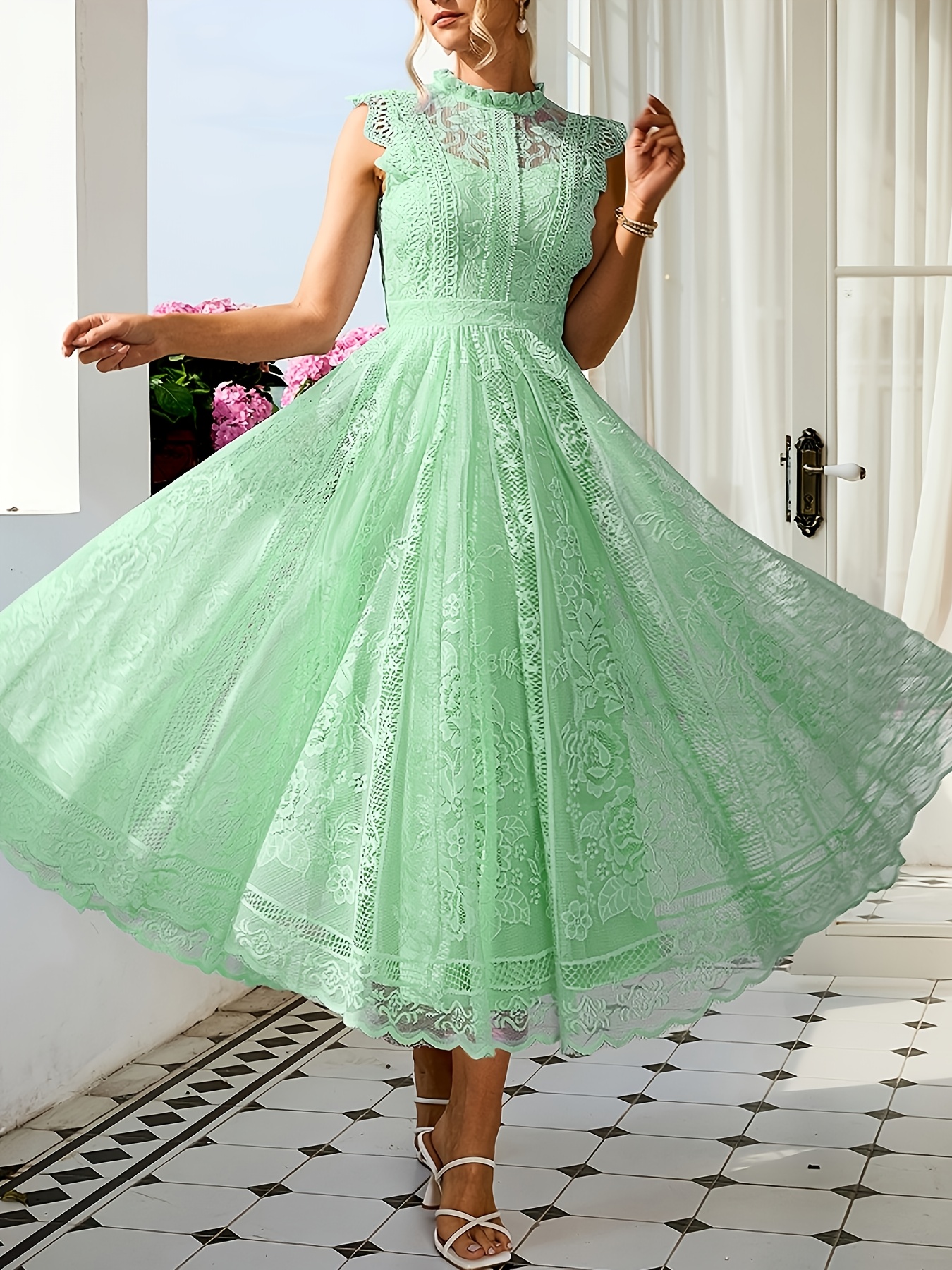 knee length dresses for ladies Sequin Lace Midi Cocktail Dress with Short Sleeves main image 0