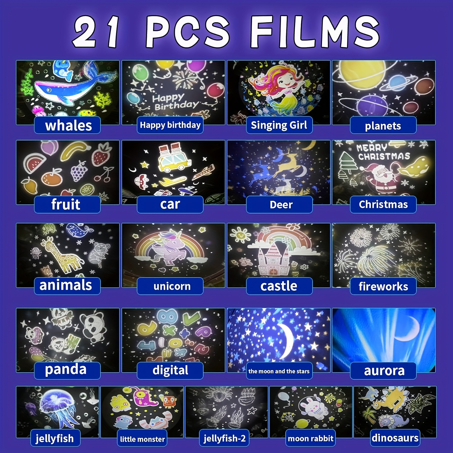21 комплекта филми + Звездна нощна лампа за спалня, Галактически проектор за стая, таван, нощна лампа галактически проектор с 360° завъртане, регулируема за рожден ден, Коледа, парти, офис декор