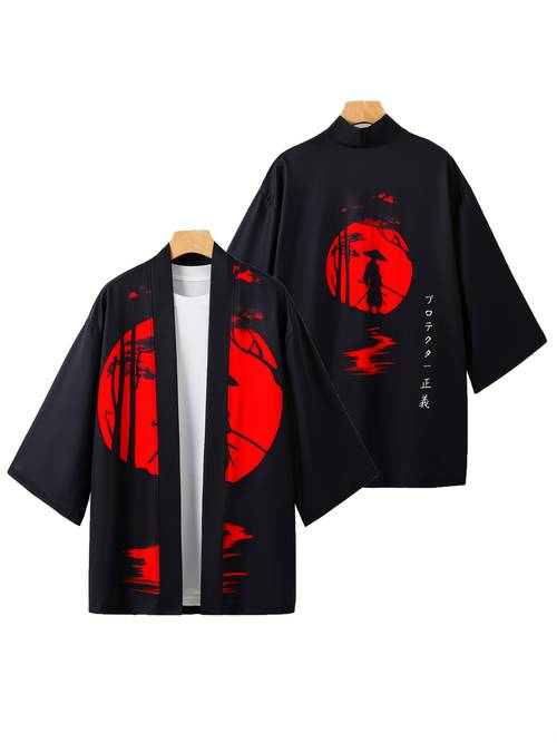 mens casual samurai kimono robe 3 4 sleeve lightweight polyester japanese traditional style for beach or streetwear casual streetwear street style kimono chinese size please check the size guide
