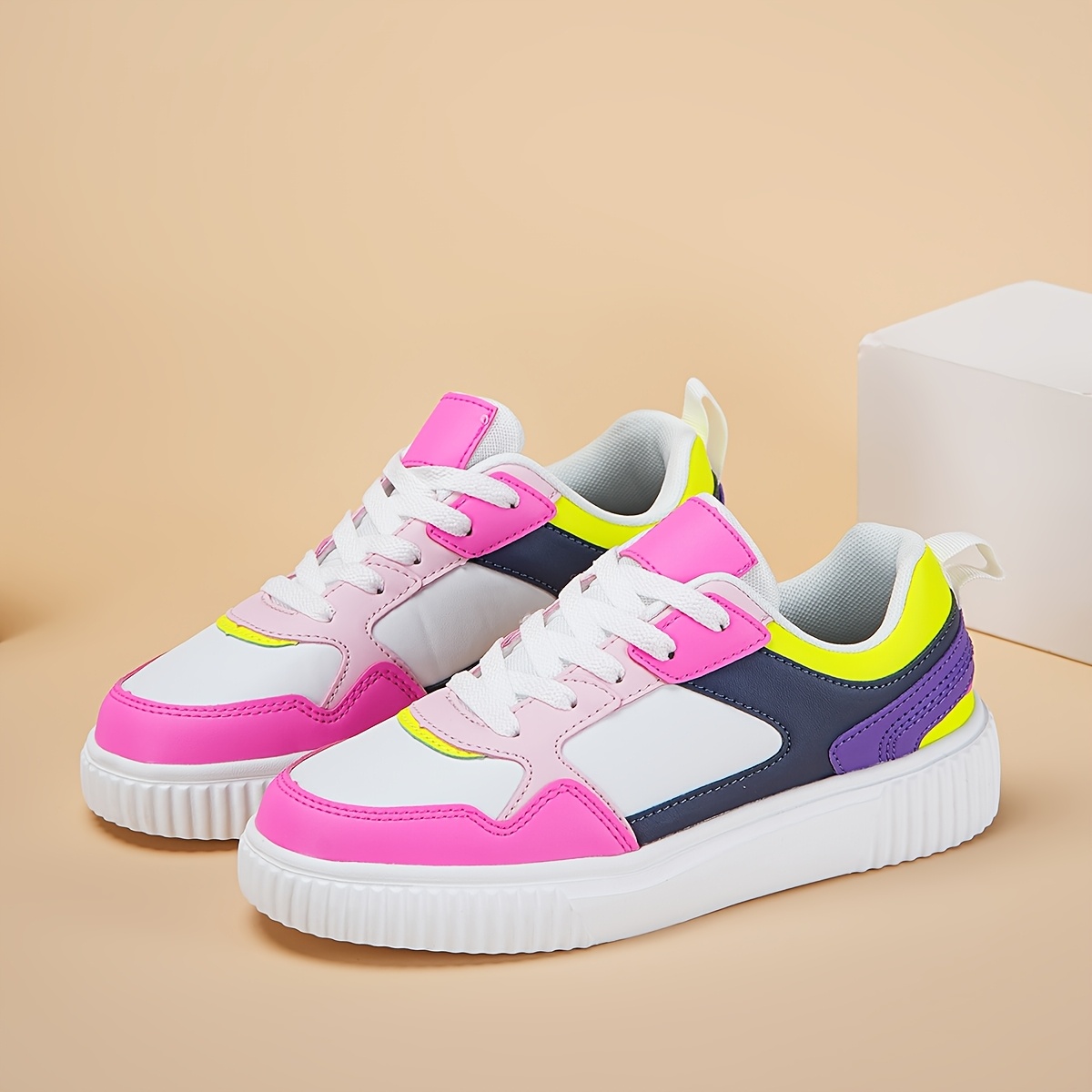Womens Low Top Sneakers White Yellow Minimalist Round Toe