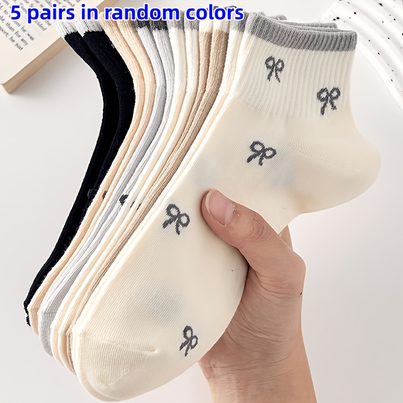 Random 5-pair Pc Of Couple's Bowknot Socks, Unisex With , Versatile Socks For Girls - Cute, Breathable, Low-cut Boat Socks For Men
