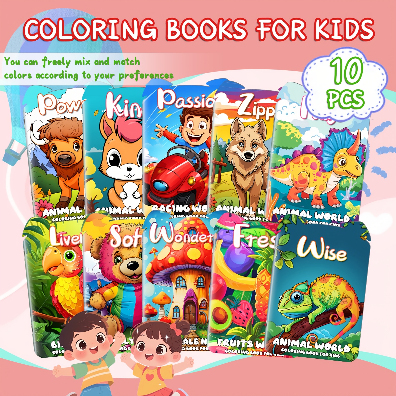 a set of ten coloring books for kids featuring a   of themes such   fruits and vehicles along with educational doodle books and     books have     and vibrant designs