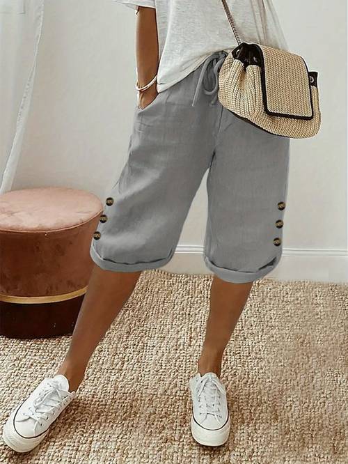 item picture womens casual solid color button detail drawstring length shorts