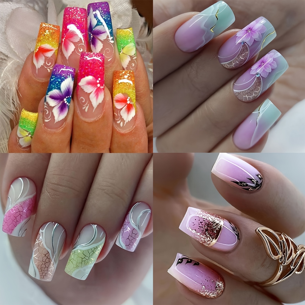 

4 Packs (96pcs) Summer Floral Glitter Short Square Press-on Nails Fake Nails With Jelly Glue & Nail File Set