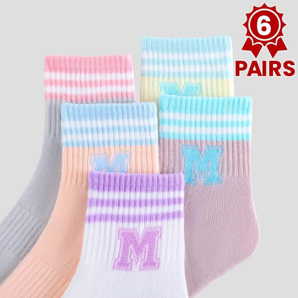 E-shop 6 Paar Mädchen Socken mit Buchstabenprint, weiche und atmungsaktive Sportsocken für Outdoor-Freizeitkleidung, Ganzjahres-Kindersocken, Farbe