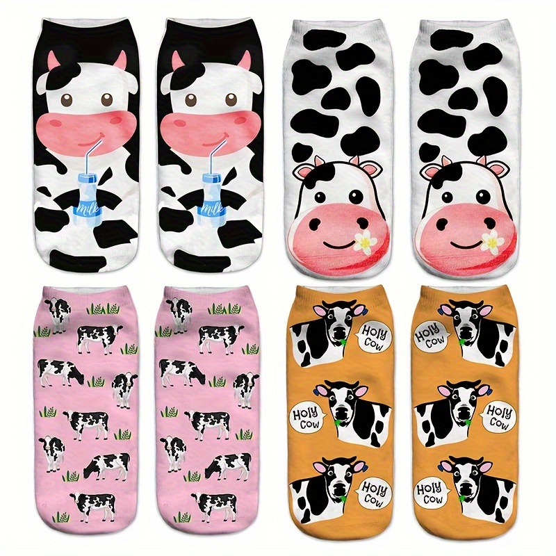 

4 Pairs 3d Cartoon Cow Pattern Ankle Socks, Comfy & Breathable Short Socks, Women's Stockings & Hosiery